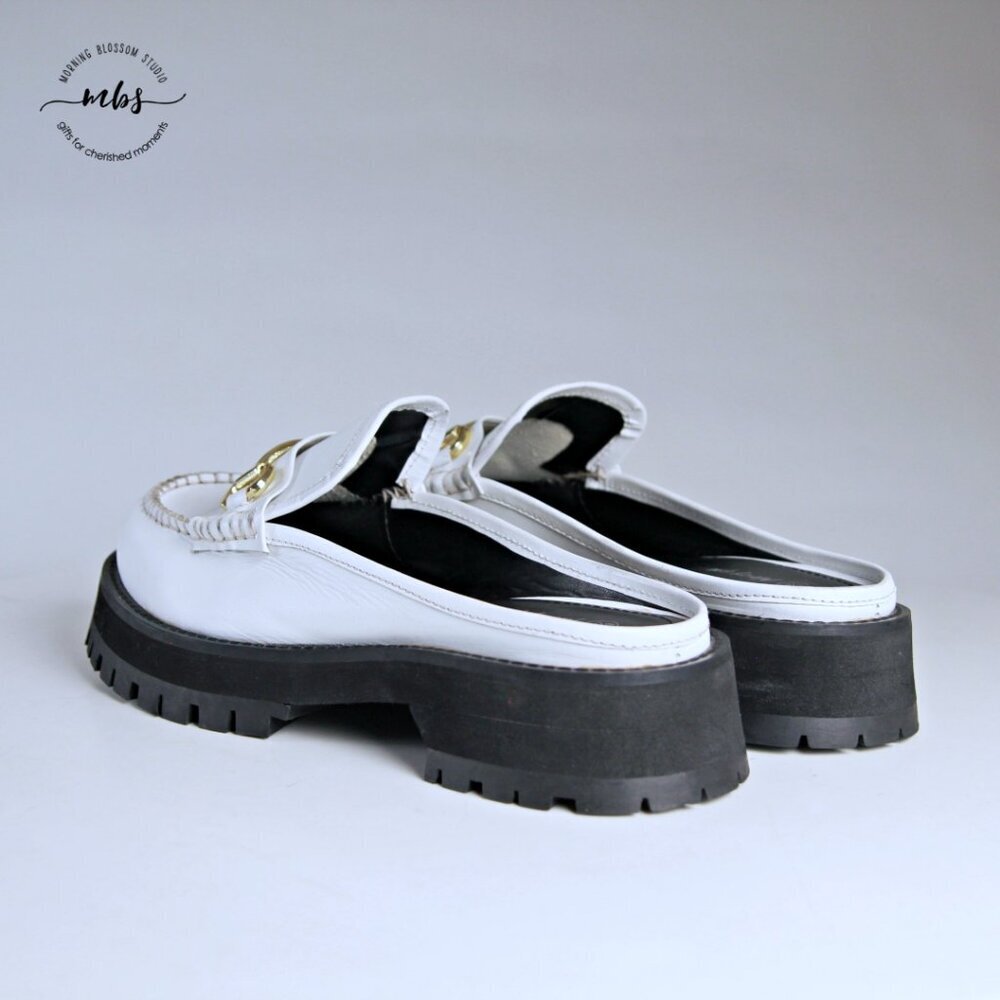 Nasty Gal Leather Chunky Backless Loafers White Gold Women UK 8 EU‎ 41 US 10 - Picture 6 of 15